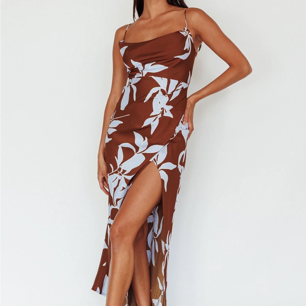 Brown and Blue Morea Cowl Neck Floral Maxi Dress